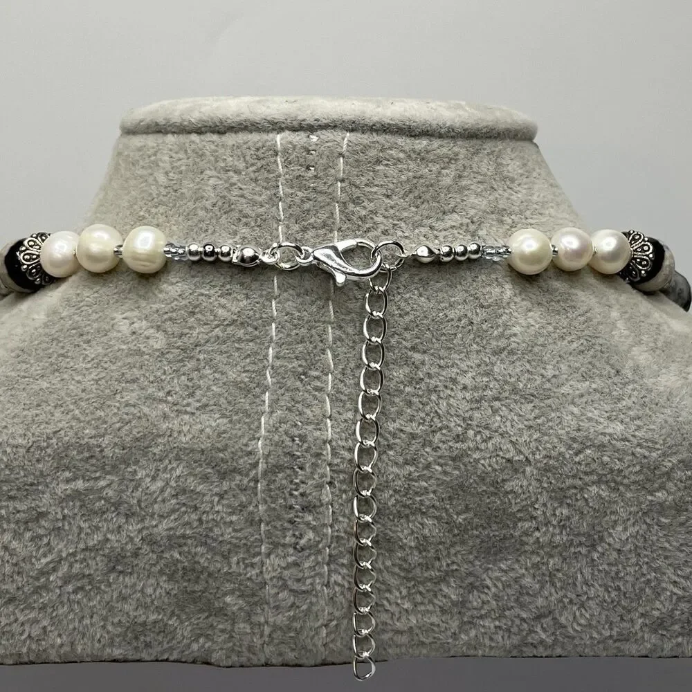 Stunning Agate Picasso Jasper Freshwater Pearl Beaded Necklace Silver Plated